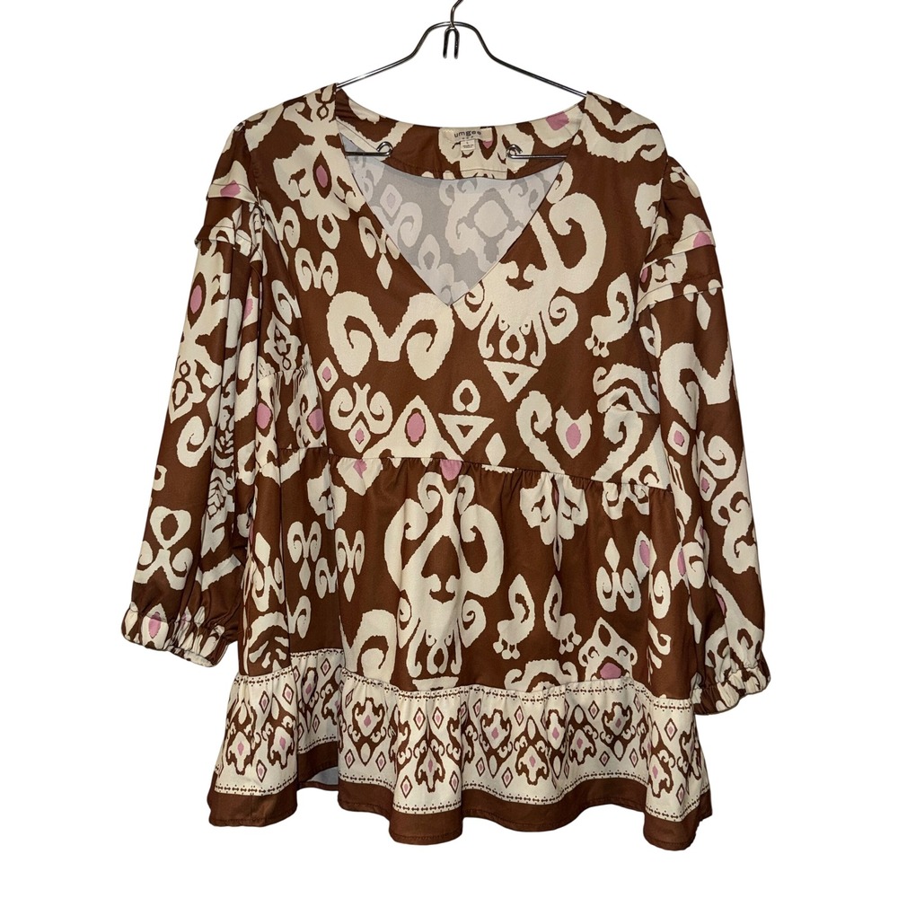 Umgee Brown Pink Ikat Damask Ruffle Sleeve Babydoll Tunic Top Womens Large